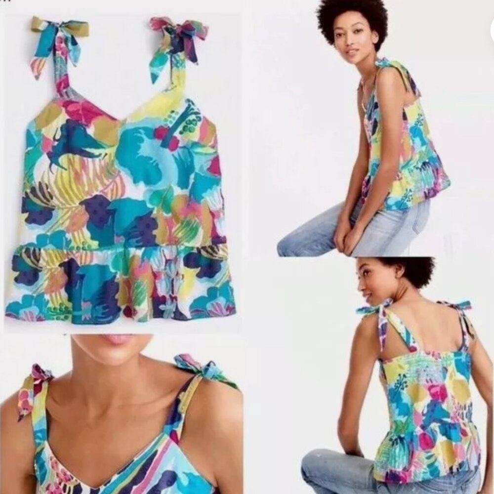 J. Crew Tie-Shoulder Cotton Peplum Seaside Floral Tank | 6 - Picture 5 of 5